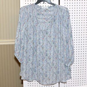 Plus Size 3X Rose + Olive Boho Cottage Floral Poet 3/4 Sleeve Hi-Low Blouse